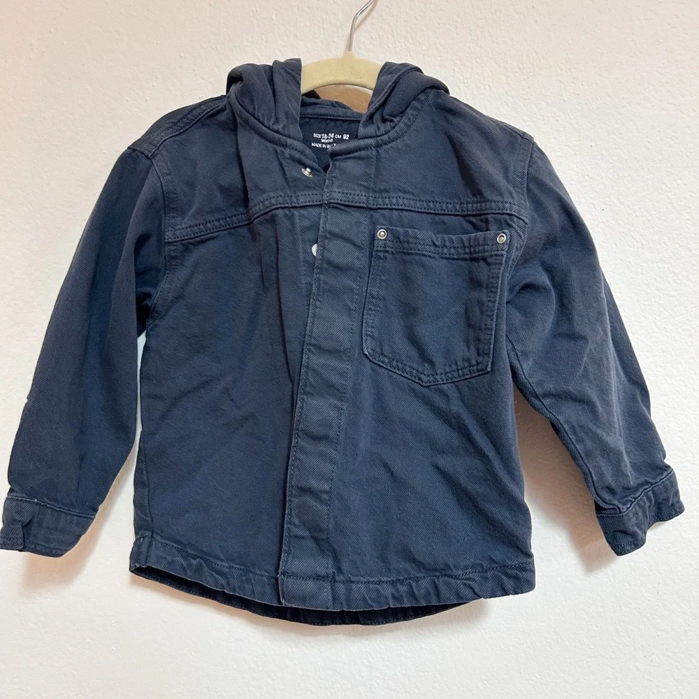 ZARA NAVY Toddler Hooded Navy Denim Jacket, utility, pocket - sz 18-24months